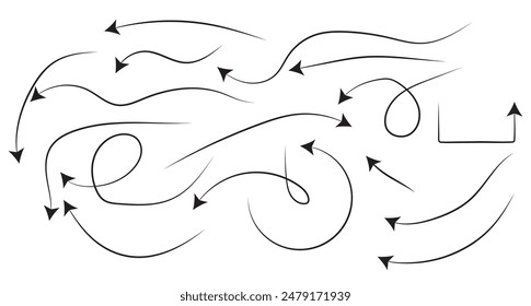 Set of vector curved arrows hand drawn. Sketch doodle style. Collection of pointers.Set of vector curved arrows hand drawn. Sketch doodle style. Collection of pointers.