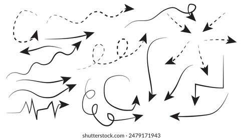 Conjunto de flechas curvas de Vector dibujado a mano. Dibujo estilo garabato. Colección de punteros.Conjunto de flechas curvas de Vector dibujado a mano. Dibujo estilo garabato. Colección de punteros.