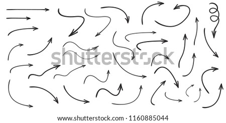 Set of vector curved arrows hand drawn. Sketch doodle style. Collection of pointers.