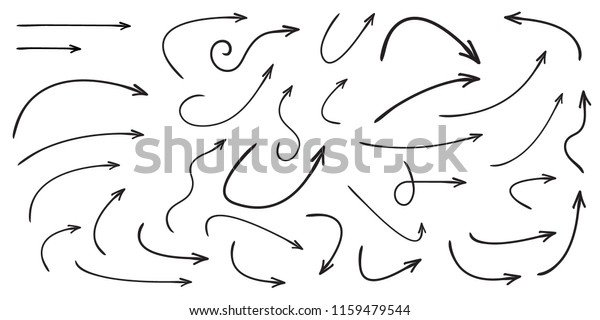 Set of vector curved arrows hand drawn.\
Sketch doodle style. Collection of\
pointers.