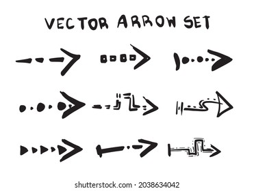 Conjunto de flechas curvas vectoriales dibujadas a mano. Esbozar el estilo del doodle. Colección de punteros.