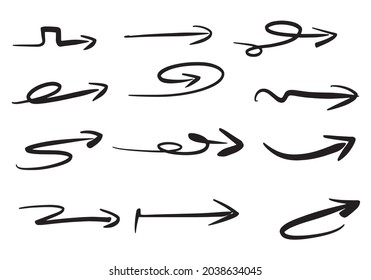 Set of vector curved arrows hand-drawn. Sketch doodle style. Collection of pointers.