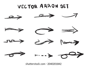 Set of vector curved arrows hand-drawn. Sketch doodle style. Collection of pointers.