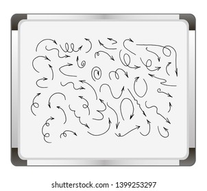 Set of vector curved arrows on flip chart background. hand drawn. Sketch doodle style. Collection of pointers. Vector illustration.