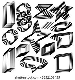 A set of vector curved geometric shapes drawn by hand with a clear line. Repetitive shapes. Layered lines. A group of lines in the shape of
