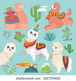 Set of vector cute vector alpaca lama and desert cactus elements.