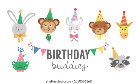 Set of vector cute animal faces in party hats. Birthday avatars collection. Funny illustration of hare, bear, frog, llama, raccoon, monkey for kids. Celebration icons pack isolated on white background