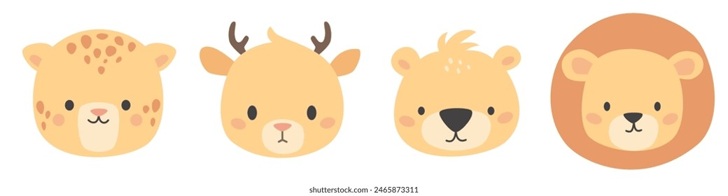 Set of vector cute animal faces. Leopard, lion, bear and deer. Illustrations in children's style on white background 