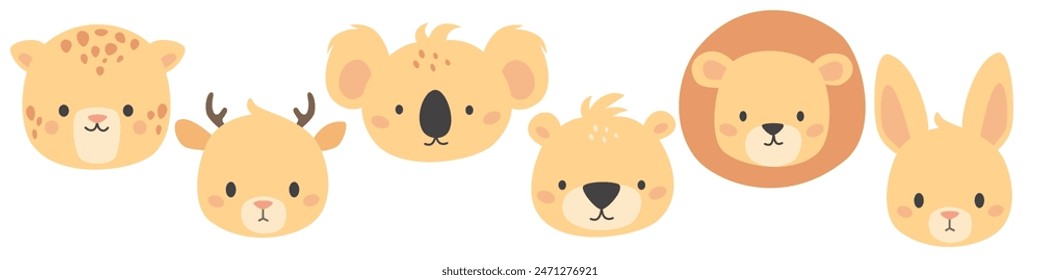 Set of vector cute animal faces. Leopard, lion, bear and deer koala hare. Illustrations in children's style on white background 