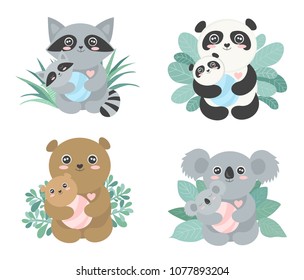 Set of Vector cute animal moms (panda, koala, bear, raccoon) with babies in the bushes. Happy Mother's Day. Baby book. Postcard.