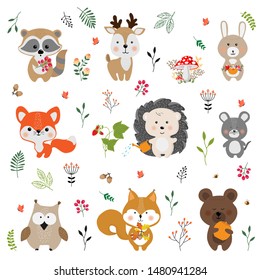 Set of vector cute animals in cartoon style.  A collection of small animals in the children's style. 