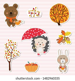Set of vector cute animals in cartoon style.  Collection of stickers of small animals in children's style.