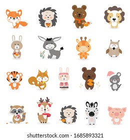 Set of vector cute animals in cartoon style. A collection of small animals in the children's style.