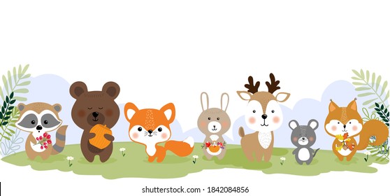 Set of vector cute animals in cartoon style. A collection of small animals in the children's style.