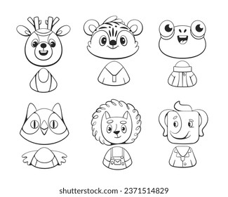 Set of vector cute animals deer, owl, frog, tiger, elephant and hedgehog in line style.