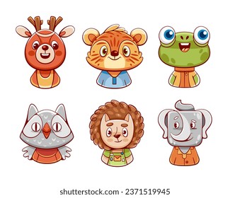 Set of vector cute animals deer, owl, frog, tiger, elephant and hedgehog in cartoon style.