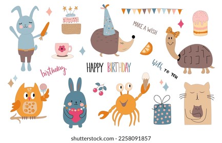 A set of vector cute animals and various small objects,fruits,cake,cake. Applicable Happy Birthday,Valentine's Day.