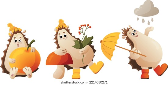 Set of vector cute autumn hedgehogs