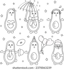 Set of vector cute avocado characters in black and white style. Collection of funny avacado fruit coloring pages. Avacado with balls, umbrella, headphones and other items. Vector illustration. EPS 10.