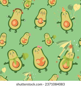 Set of vector cute avocado characters. Collection of funny avacado fruit coloring pages. Avacado with balls, umbrella, headphones and other items. Vector illustration. EPS 10.