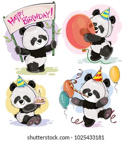 Set vector cute baby panda bears in cardboard hats, with cake and candle, with happy birthday banner, balloons and whistle cartoon illustration. Clipart, print for greeting cards, party invitations