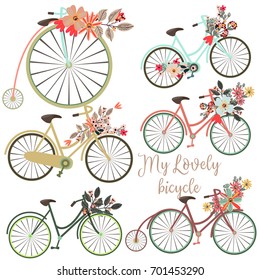 A Set of vector cute bicycles with flowers for design. Ideal for save the dates