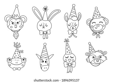 Set of vector cute black and white animal faces in party hats. Birthday outline avatars collection. Funny illustration of hare, bear, frog, llama, raccoon, monkey for kids. Celebration line icons pack
