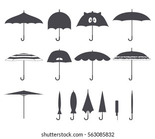 Set of vector cute black and white umbrellas in flat design style. Closed and open fashion icons. Cover accessory. Modern style. Protection from rain and sun