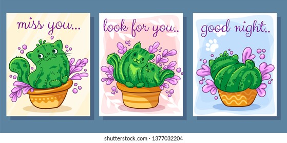 Set of vector cute cards with cactus cats. It can be used for sticker, patch, phone case, poster, t-shirt, mug and other design