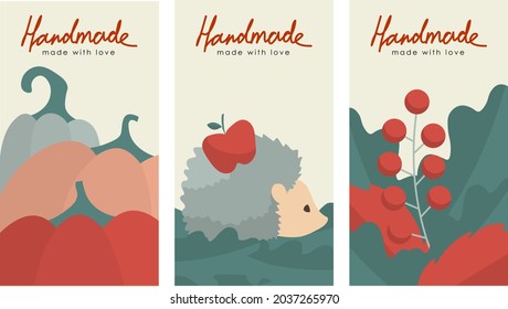 Set of vector cute cards with the inscription Handmade. Autumn decoration with pumpkins, hedgehog and viburnum.