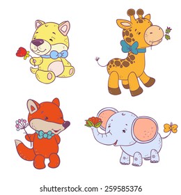 Set of vector cute cartoon animals. A elephant, giraffe, cat and fox.