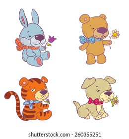 Set of vector cute cartoon animals. A tiger, rabbit, dog and bear.