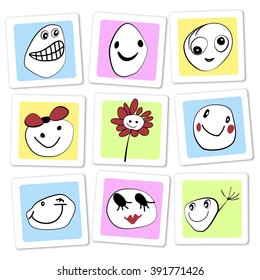 set of vector cute cartoon style yellow smiles with different emotions. Childlike drawing on color stickers