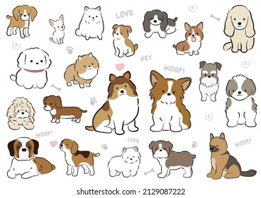 Set Of Vector Cute Cartoonish Dogs Isolated On A White Background. 