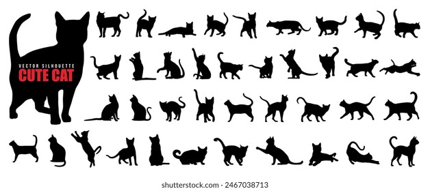 Set of vector cute cat silhouette in different poses isolated on white background. Kitten, kitty or pet animal line art drawing. Funny or wild cat cartoon sticker. Black cat silhouette, symbol or icon