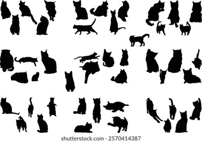 Set of vector cute cat silhouette in different poses isolated on white background. Kitten, kitty or pet animal line art drawing. Funny or wild cat cartoon sticker. 