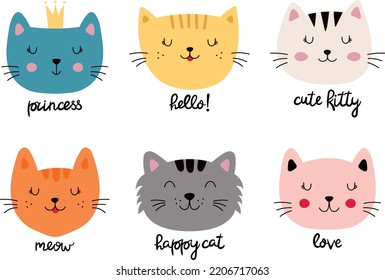 Set of vector cute cats with captions. Faces of beautiful cats for postcards, t-shirts, stationery and packaging
