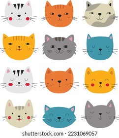Set of vector cute cats in cartoon style. Faces of beautiful cats for cards, t-shirts, stationery, packaging and textiles