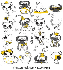 Set of vector cute cats and dogs in simple design for kid's greeting card design, t-shirt print, inspiration poster.