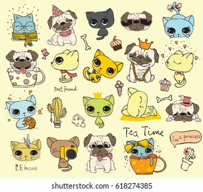 Set of vector cute cats and dogs in simple design for kid's greeting card design, t-shirt print, inspiration poster.