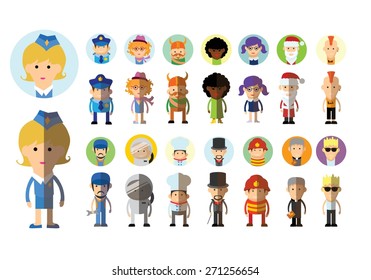 Set of vector cute character avatar icons in flat design 