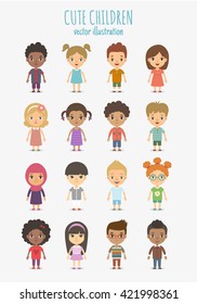 Set of vector cute children isolated on white background. Different nationalities and dress styles.