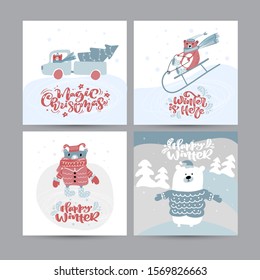 Set of vector Cute Christmas Greeting Cards. Vintage calligraphy handwritten texts. Banner scandinavian doodle illustration. Xmas isolated objects