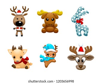Set of vector cute Christmas reindeer vector illustration. Reindeer child sitting in Christmas red hat.