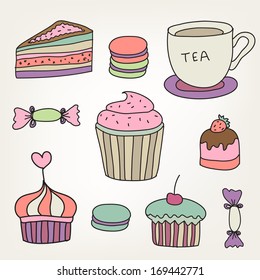 set of vector cute colorful hand drawn sweets, cakes, tea, macaroons, etc.