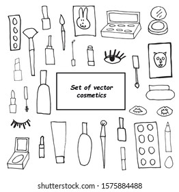 A set of vector cute сlipart cosmetics. Collection of self-care items black on a white isolated background. Cream, masks, mascara, lipstick line art. Design for layouts, colors and banners.