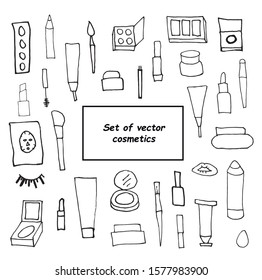 A set of vector cute сlipart cosmetics. Collection of self-care items black on a white isolated background. Cream, masks, mascara, lipstick line art. Design for layouts, colors and banners.