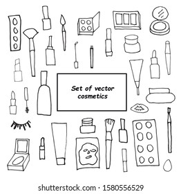 A set of vector cute сlipart cosmetics. Collection of self-care items black on a white isolated background. Cream, masks, mascara, lipstick line art. Design for layouts, colors and banners.