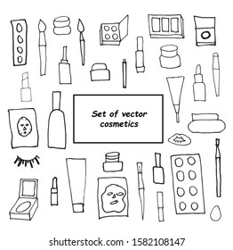 A set of vector cute сlipart cosmetics. Collection of self-care items black on a white isolated background. Cream, masks, mascara, lipstick line art. Design for layouts, colors and banners.