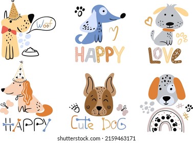 Ensemble de dessins vectoriels de mignons chiens. Une collection de personnages de chiots dessinés avec des couleurs plates. Ensemble d'animaux de compagnie drôles isolés sur fond blanc. Personnage de bébé chien 